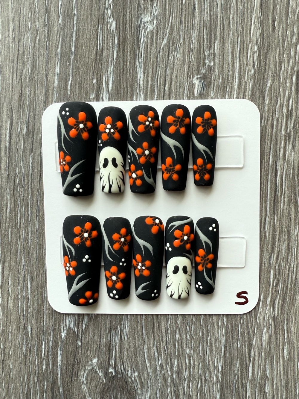 Black & Orange Floral Halloween Ghost Press-On Nail Set